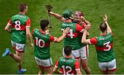 31 July 2021; Cathal Freeman of Mayo, centre, celebrates with team-mates, from left, John Cassidy, Cormac Philips, Adrian Philips, Shane Boland and Michael Morley after their side's victory in the Nicky Rackard Cup Final match between Tyrone and Mayo at Croke Park in Dublin.  Photo by Sam Barnes/Sportsfile