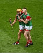 31 July 2021; Stephen Coyne, left, and Michael Morley of Mayo celebrate after their side's victory in the Nicky Rackard Cup Final match between Tyrone and Mayo at Croke Park in Dublin.  Photo by Sam Barnes/Sportsfile