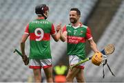 31 July 2021; Stephen Coyne, right, and Sean Kenny of Mayo celebrate after the Nicky Rackard Cup Final match between Tyrone and Mayo at Croke Park in Dublin.  Photo by Harry Murphy/Sportsfile