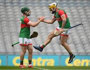 31 July 2021; Brian Hunt, left, and Gary Nolan of Mayo celebrate after the Nicky Rackard Cup Final match between Tyrone and Mayo at Croke Park in Dublin.  Photo by Harry Murphy/Sportsfile