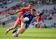 31 July 2021; Micheál Bannigan of Monaghan is tackled by Michael McKernan of Tyrone during the Ulster GAA Football Senior Championship Final match between Monaghan and Tyrone at Croke Park in Dublin. Photo by Ray McManus/Sportsfile