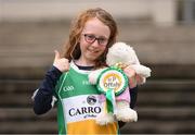 31 July 2021; Offaly supporter Meabh Martin, age 9, from Tullamore, before the 2021 EirGrid GAA All-Ireland Football U20 Championship Semi-Final match between Cork and Offaly at MW Hire O'Moore Park in Portlaoise, Laois. Photo by Matt Browne/Sportsfile