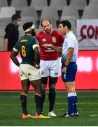 31 July 2021; Referee Ben O'Keeffe speaks with Alun Wyn Jones of British and Irish Lions and Siya Kolisi of South Africa during the second test of the British and Irish Lions tour match between South Africa and British and Irish Lions at Cape Town Stadium in Cape Town, South Africa. Photo by Ashley Vlotman/Sportsfile