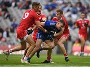 31 July 2021; Conor McCarthy of Monaghan is tackled by Tyrone players, from left, Conn Kilpatrick, Kieran McGeary and Peter Harte during the Ulster GAA Football Senior Championship Final match between Monaghan and Tyrone at Croke Park in Dublin. Photo by Harry Murphy/Sportsfile