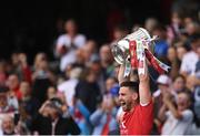 31 July 2021; Tyrone captain Pádraig Hampsey lifts the Anglo Celt Cup during the Ulster GAA Football Senior Championship Final match between Monaghan and Tyrone at Croke Park in Dublin. Photo by Harry Murphy/Sportsfile