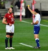 31 July 2021; Alun Wyn Jones of British and Irish Lions with referee Ben O'Keeffe as he gives a yellow card to Duhan van Der Merwe of British and Irish Lions during the second test of the British and Irish Lions tour match between South Africa and British and Irish Lions at Cape Town Stadium in Cape Town, South Africa. Photo by Ashley Vlotman/Sportsfile
