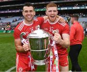 31 July 2021; Darren McCurry, left, and Cathal McShane of Tyrone celebrate with the Anglo Celt Cup after the Ulster GAA Football Senior Championship Final match between Monaghan and Tyrone at Croke Park in Dublin. Photo by Harry Murphy/Sportsfile