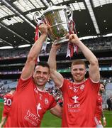 31 July 2021; Darren McCurry, left, and Cathal McShane of Tyrone celebrate with the Anglo Celt Cup after the Ulster GAA Football Senior Championship Final match between Monaghan and Tyrone at Croke Park in Dublin. Photo by Harry Murphy/Sportsfile