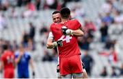 31 July 2021; Pádraig Hampsey of Tyrone, right, and Tyrone goalkeeper Niall Morgan embrace after the Ulster GAA Football Senior Championship Final match between Monaghan and Tyrone at Croke Park in Dublin. Photo by Harry Murphy/Sportsfile
