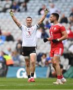31 July 2021; Tyrone goalkeeper Niall Morgan, left, celebrates at the full-time whistle after the Ulster GAA Football Senior Championship Final match between Monaghan and Tyrone at Croke Park in Dublin. Photo by Harry Murphy/Sportsfile