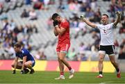 31 July 2021; Tyrone captain Pádraig Hampsey, centre, and Tyrone goalkeeper Niall Morgan celebrate after the Ulster GAA Football Senior Championship Final match between Monaghan and Tyrone at Croke Park in Dublin. Photo by Harry Murphy/Sportsfile