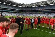 31 July 2021; Tyrone joint-manager Brian Dooher speaks to his players after the Ulster GAA Football Senior Championship Final match between Monaghan and Tyrone at Croke Park in Dublin. Photo by Harry Murphy/Sportsfile