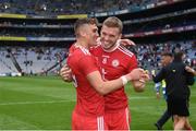 31 July 2021; Brian Kennedy, right, and Conn Kilpatrick of Tyrone embrace after the Ulster GAA Football Senior Championship Final match between Monaghan and Tyrone at Croke Park in Dublin. Photo by Harry Murphy/Sportsfile