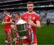 31 July 2021; Cathal McShane of Tyrone with the Anglo Celt Cup after the Ulster GAA Football Senior Championship Final match between Monaghan and Tyrone at Croke Park in Dublin. Photo by Harry Murphy/Sportsfile