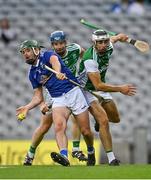 31 July 2021; Colum Sheanon of Cavan in action against Ryan Bogue, centre, and Aidan Flanagan of Fermanagh during the Lory Meagher Cup Final match between Fermanagh and Cavan at Croke Park in Dublin.  Photo by Sam Barnes/Sportsfile