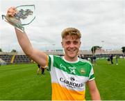 31 July 2021; Man of the Match Jack Bryant of Offaly celebrates after the 2021 EirGrid GAA All-Ireland Football U20 Championship Semi-Final match between Cork and Offaly at MW Hire O'Moore Park in Portlaoise, Laois. Photo by Matt Browne/Sportsfile