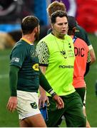 31 July 2021; South Africa head coach Rassie Erasmus and Willie le Roux of South Africa during the second test of the British and Irish Lions tour match between South Africa and British and Irish Lions at Cape Town Stadium in Cape Town, South Africa. Photo by Ashley Vlotman/Sportsfile
