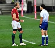 31 July 2021; Alun Wyn Jones of British and Irish Lions speaks with referee Ben O'Keeffe during the second test of the British and Irish Lions tour match between South Africa and British and Irish Lions at Cape Town Stadium in Cape Town, South Africa. Photo by Ashley Vlotman/Sportsfile