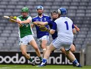 31 July 2021; Tom Keenan of Fermanagh is hooked by Jack Berry of Cavan during the Lory Meagher Cup Final match between Fermanagh and Cavan at Croke Park in Dublin.  Photo by Ray McManus/Sportsfile