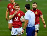 31 July 2021; Dan Biggar of British and Irish Lions speaks with referee Ben O'Keeffe during the second test of the British and Irish Lions tour match between South Africa and British and Irish Lions at Cape Town Stadium in Cape Town, South Africa. Photo by Ashley Vlotman/Sportsfile