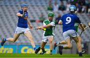 31 July 2021; Tom Keenan of Fermanagh shoots to score his side's third goal despite the efforts of Philip McCabe, left, and Mark Moffett of Cavan during the Lory Meagher Cup Final match between Fermanagh and Cavan at Croke Park in Dublin.  Photo by Sam Barnes/Sportsfile