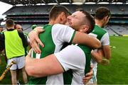 31 July 2021; Dan Teague, right, and Kevin McGarry of Fermanagh celebrate after their side's victory in the Lory Meagher Cup Final match between Fermanagh and Cavan at Croke Park in Dublin.  Photo by Sam Barnes/Sportsfile