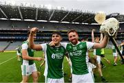 31 July 2021; Luca McCusker, left, and Thomas Cleary of Fermanagh celebrate after their side's victory in the Lory Meagher Cup Final match between Fermanagh and Cavan at Croke Park in Dublin.  Photo by Sam Barnes/Sportsfile