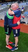 31 July 2021; The two mannagers, Fermanagh manager Joe Baldwin, left, and Cavan manager Ollie Bellew, embrace after the Lory Meagher Cup Final match between Fermanagh and Cavan at Croke Park in Dublin.  Photo by Ray McManus/Sportsfile