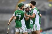 31 July 2021; Dan Teague of Fermanagh, centre, celebrates with team-mates Dylan Bannon, left, and Odhran O'Connor after their side's victory in the Lory Meagher Cup Final match between Fermanagh and Cavan at Croke Park in Dublin.  Photo by Sam Barnes/Sportsfile