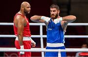 1 August 2021; Mourad Aliev of France, right, reacts after being disqualified during his men's super heavyweight semi-final bout with Frazer Clarke of Great Britain at the Kokugikan Arena during the 2020 Tokyo Summer Olympic Games in Tokyo, Japan. Photo by Brendan Moran/Sportsfile
