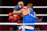 1 August 2021; Frazer Clarke of Great Britain, left, and Mourad Aliev of France during their men's super heavyweight semi-final bout at the Kokugikan Arena during the 2020 Tokyo Summer Olympic Games in Tokyo, Japan. Photo by Brendan Moran/Sportsfile