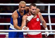 1 August 2021; Ben Whittaker of Great Britain, left, and Imam Khataev of Russian Olympic Committee after their men's light heavyweight semi-final bout at the Kokugikan Arena during the 2020 Tokyo Summer Olympic Games in Tokyo, Japan. Photo by Brendan Moran/Sportsfile