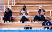 1 August 2021; USA Gymnasts, from left, Jordan Chiles, Simone Biles and Grace McCallum react during the women's vault final at the Ariake Gymnastics Centre during the 2020 Tokyo Summer Olympic Games in Tokyo, Japan. Photo by Stephen McCarthy/Sportsfile