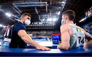 1 August 2021; Rhys McClenaghan of Ireland, right, speaks with national gymnastics coach Luke Carson during the men's pommel horse final at the Ariake Gymnastics Centre during the 2020 Tokyo Summer Olympic Games in Tokyo, Japan. Photo by Stephen McCarthy/Sportsfile