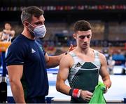 1 August 2021; Rhys McClenaghan of Ireland with national gymnastics coach Luke Carson during the men's pommel horse final at the Ariake Gymnastics Centre during the 2020 Tokyo Summer Olympic Games in Tokyo, Japan. Photo by Stephen McCarthy/Sportsfile