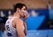 1 August 2021; Alec Uoder of the United States reacts during the men's pommel horse final at the Ariake Gymnastics Centre during the 2020 Tokyo Summer Olympic Games in Tokyo, Japan. Photo by Stephen McCarthy/Sportsfile
