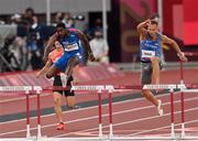 1 August 2021; Kyron McMaster of British Virgin Islands, left, and Rasmus Magi of Estonia in action during the semifinal of the men's 400 metres hurdles at the Olympic Stadium on day nine of the 2020 Tokyo Summer Olympic Games in Tokyo, Japan. Photo by Ramsey Cardy/Sportsfile