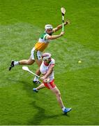 1 August 2021; Brian Cassidy of Derry in action against Paddy Delaney of Offaly during the Christy Ring Cup Final match between Derry and Offaly at Croke Park in Dublin. Photo by Daire Brennan/Sportsfile