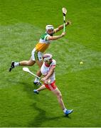 1 August 2021; Brian Cassidy of Derry in action against Paddy Delaney of Offaly during the Christy Ring Cup Final match between Derry and Offaly at Croke Park in Dublin. Photo by Daire Brennan/Sportsfile