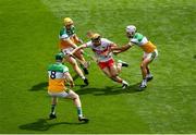 1 August 2021; Eoghan Cassidy of Derry in action against Offaly players, left to right, Leon Fox, Killian Sampson, and Paddy Delaney during the Christy Ring Cup Final match between Derry and Offaly at Croke Park in Dublin. Photo by Daire Brennan/Sportsfile