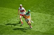 1 August 2021; John Murphy of Offaly in action against Darragh McCloskey of Derry during the Christy Ring Cup Final match between Derry and Offaly at Croke Park in Dublin. Photo by Daire Brennan/Sportsfile