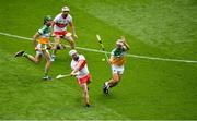 1 August 2021; Odhran McKeever of Derry in action against Paddy Delaney of Offaly during the Christy Ring Cup Final match between Derry and Offaly at Croke Park in Dublin. Photo by Daire Brennan/Sportsfile