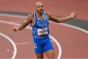 1 August 2021; Lamont Marcell Jacobs of Italy celebrates winning the men's 100 metres final at the Olympic Stadium on day nine of the 2020 Tokyo Summer Olympic Games in Tokyo, Japan. Photo by Ramsey Cardy/Sportsfile
