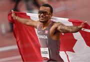 1 August 2021; Andre de Grasse of Canada celebrates finishing third in the men's 100 metres final at the Olympic Stadium on day nine of the 2020 Tokyo Summer Olympic Games in Tokyo, Japan. Photo by Ramsey Cardy/Sportsfile