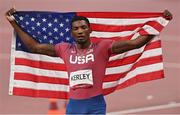 1 August 2021; Fred Kerley of USA celebrates finishing second in the men's 100 metres final at the Olympic Stadium on day nine of the 2020 Tokyo Summer Olympic Games in Tokyo, Japan. Photo by Ramsey Cardy/Sportsfile
