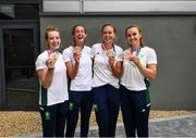 1 August 2021; Ireland rowers, from left, Emily Hegarty, Fiona Murtagh, Eimear Lamb and Aifric Keogh with their bronze medals at Dublin Airport as Team Ireland's rowers return from the Tokyo 2020 Olympic Games. Photo by David Fitzgerald/Sportsfile