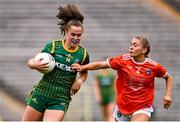 1 August 2021; Emma Duggan of Meath in action against Grace Ferguson of Armagh during the TG4 Ladies Football All-Ireland Championship Quarter-Final match between Armagh and Meath at St Tiernach's Park in Clones, Monaghan. Photo by Sam Barnes/Sportsfile