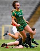 1 August 2021; Emma Duggan of Meath celebrates after scoring her side's first goal during the TG4 Ladies Football All-Ireland Championship Quarter-Final match between Armagh and Meath at St Tiernach's Park in Clones, Monaghan. Photo by Sam Barnes/Sportsfile