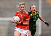 1 August 2021; Fionnuala McKenna of Armagh in action against Aoibhín Cleary of Meath during the TG4 Ladies Football All-Ireland Championship Quarter-Final match between Armagh and Meath at St Tiernach's Park in Clones, Monaghan. Photo by Sam Barnes/Sportsfile
