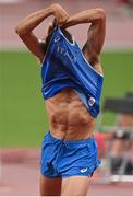 1 August 2021; Gianmarco Tamberi of Italy celebrates after winning joint-first place in the men's high jump final at the Olympic Stadium on day nine of the 2020 Tokyo Summer Olympic Games in Tokyo, Japan. Photo by Ramsey Cardy/Sportsfile
